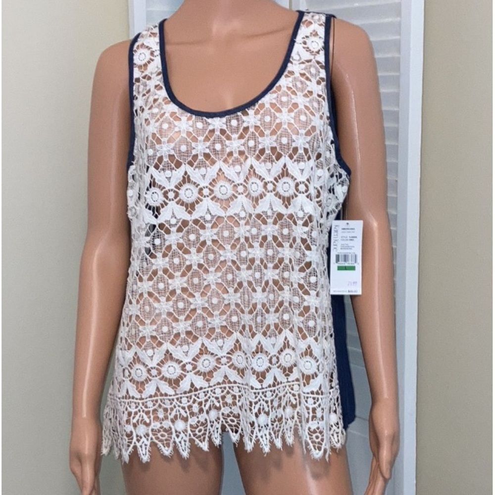 Karen Kane Womens Size Large Americana Chambray and lace tank top sleeveless NWT